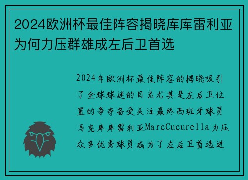 2024欧洲杯最佳阵容揭晓库库雷利亚为何力压群雄成左后卫首选